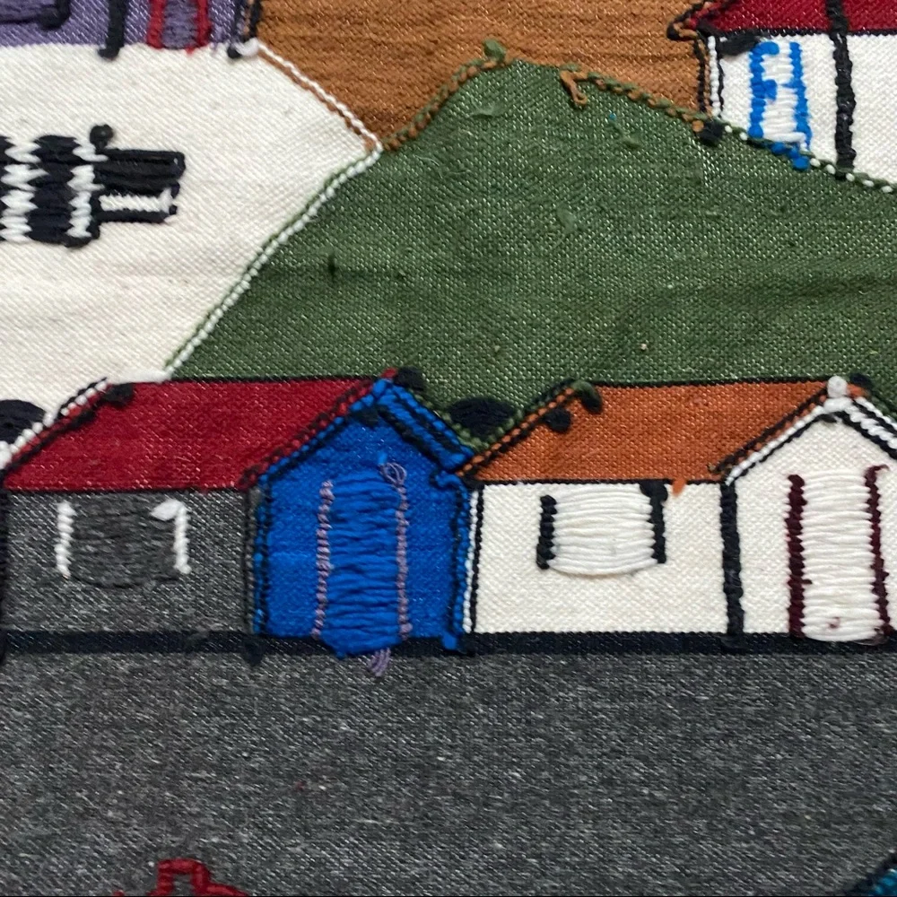 Vintage Blue Green Brown Mountain Village Tapestry